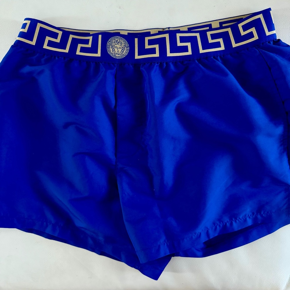 Versace Royal Blue Satin Shorts with Gold Greek Key Waistband